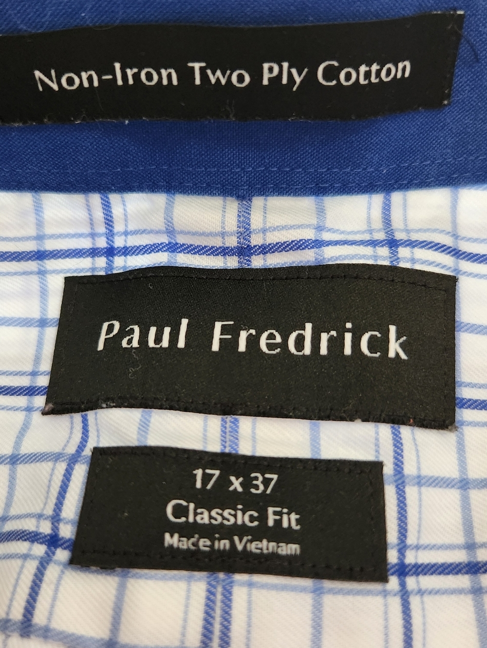 Paul Fredrick White Dress Shirt with Blue Check Size 17 X 37 - Picture 2 of 8